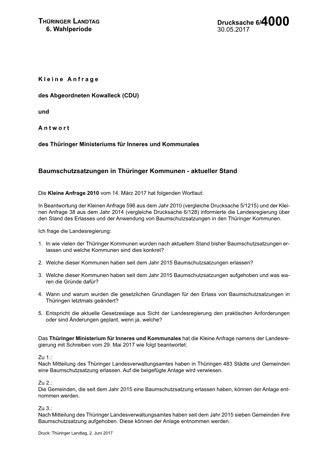 Antwort Auf Die Kleine Anfrage 2010 Des Abgeordneten Kowalleck (CDU)
