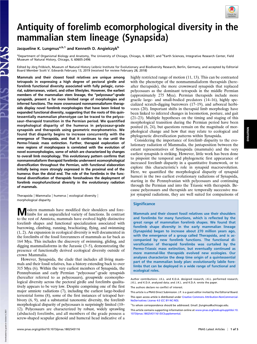 Antiquity of Forelimb Ecomorphological Diversity in the Mammalian Stem Lineage (Synapsida)