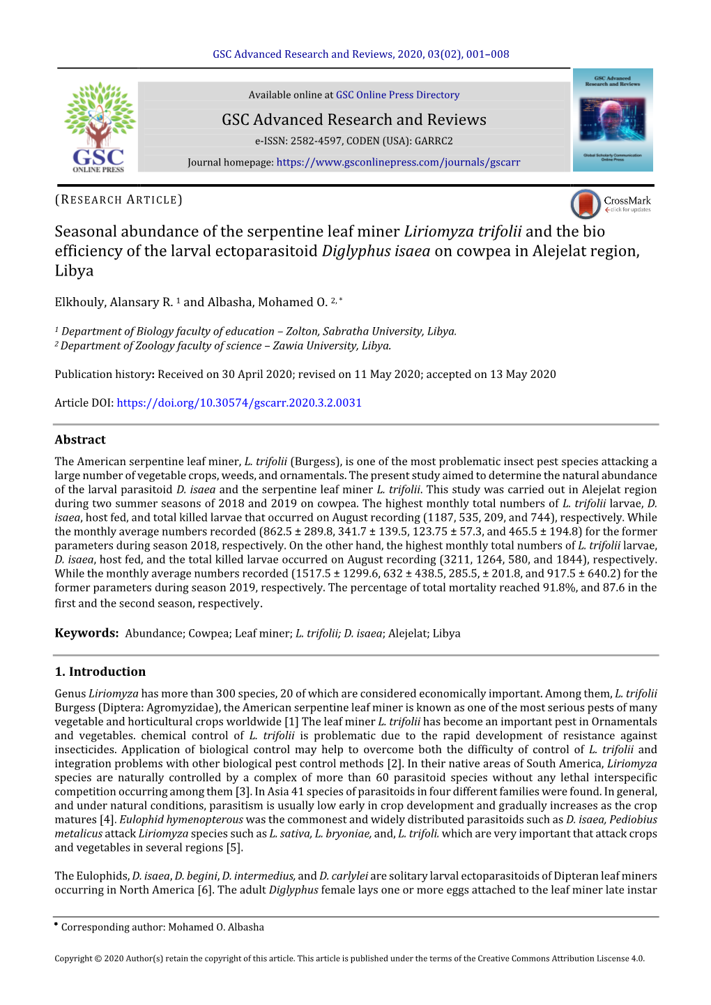 GSC Advanced Research and Reviews Seasonal Abundance Of