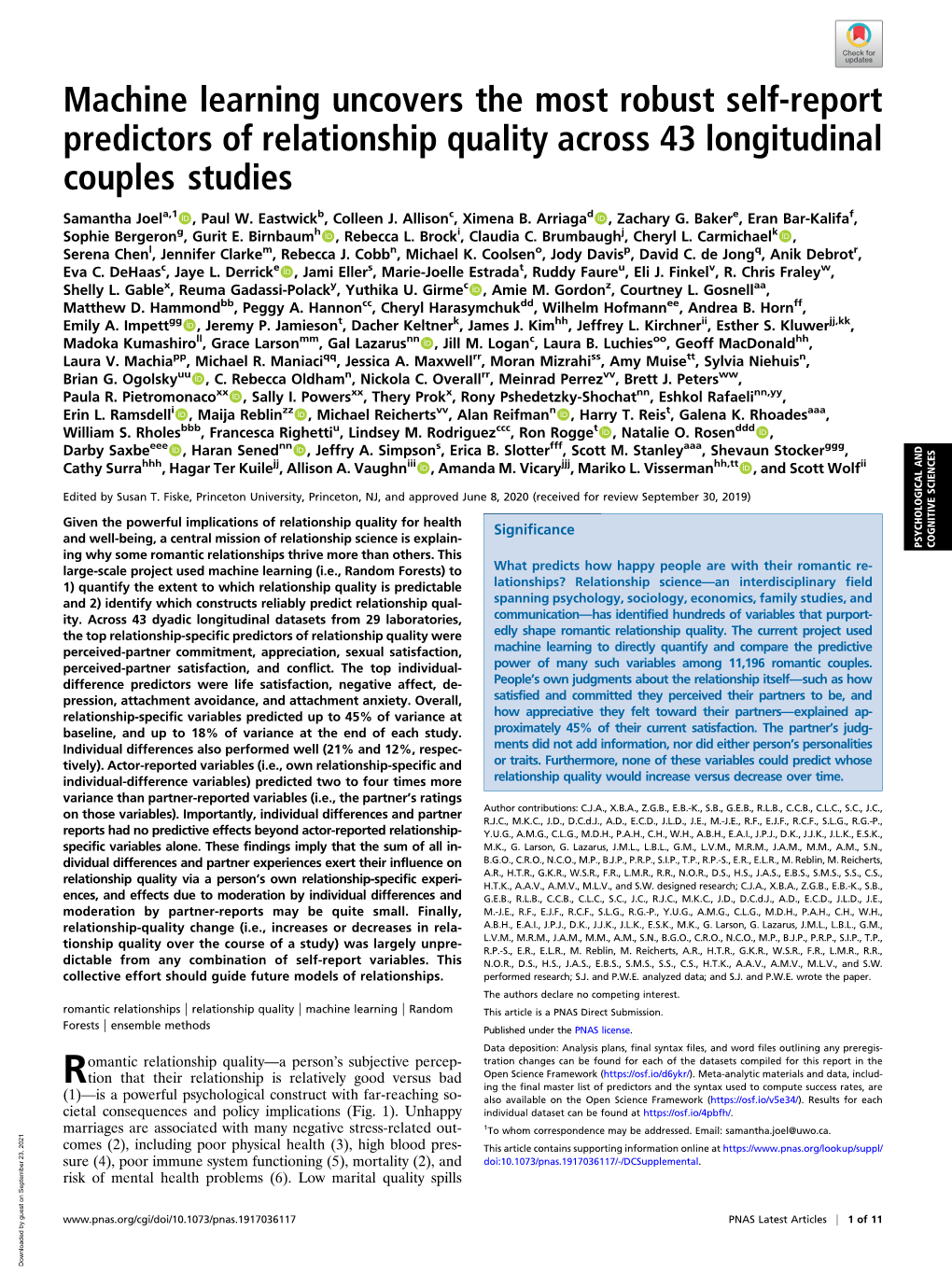Machine Learning Uncovers the Most Robust Self-Report Predictors of Relationship Quality Across 43 Longitudinal Couples Studies