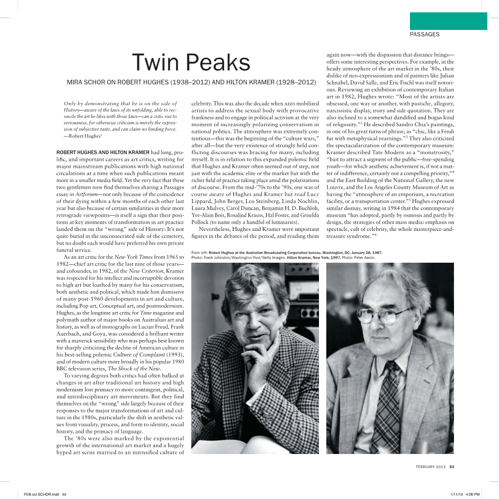 Twin Peaks: Mira Schor on Robert Hughes