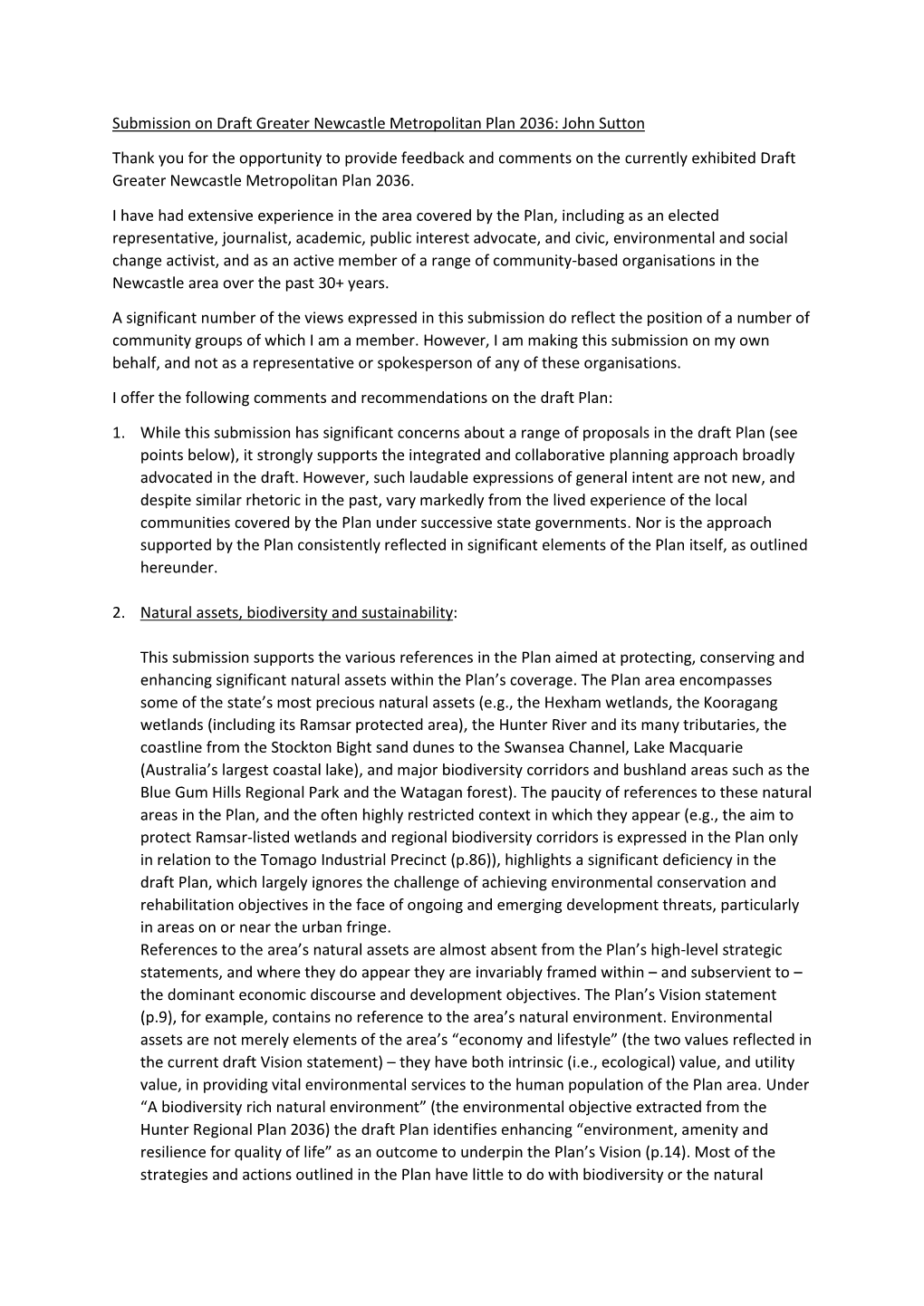 Submission on Draft Greater Newcastle Metropolitan Plan 2036: John Sutton