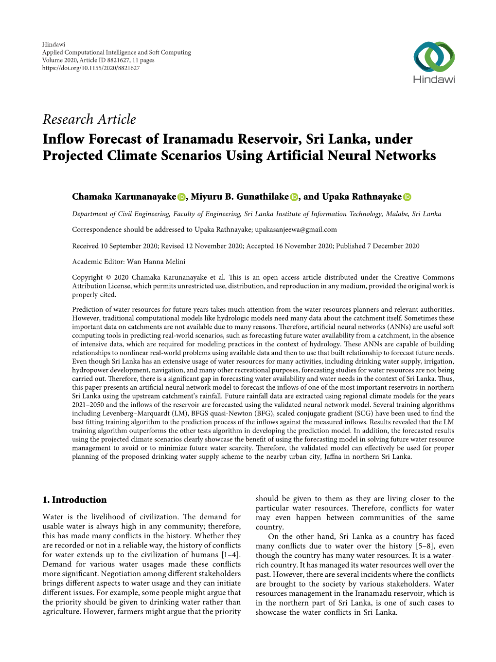 Inflow Forecast of Iranamadu Reservoir, Sri Lanka, Under Projected Climate Scenarios Using Artificial Neural Networks