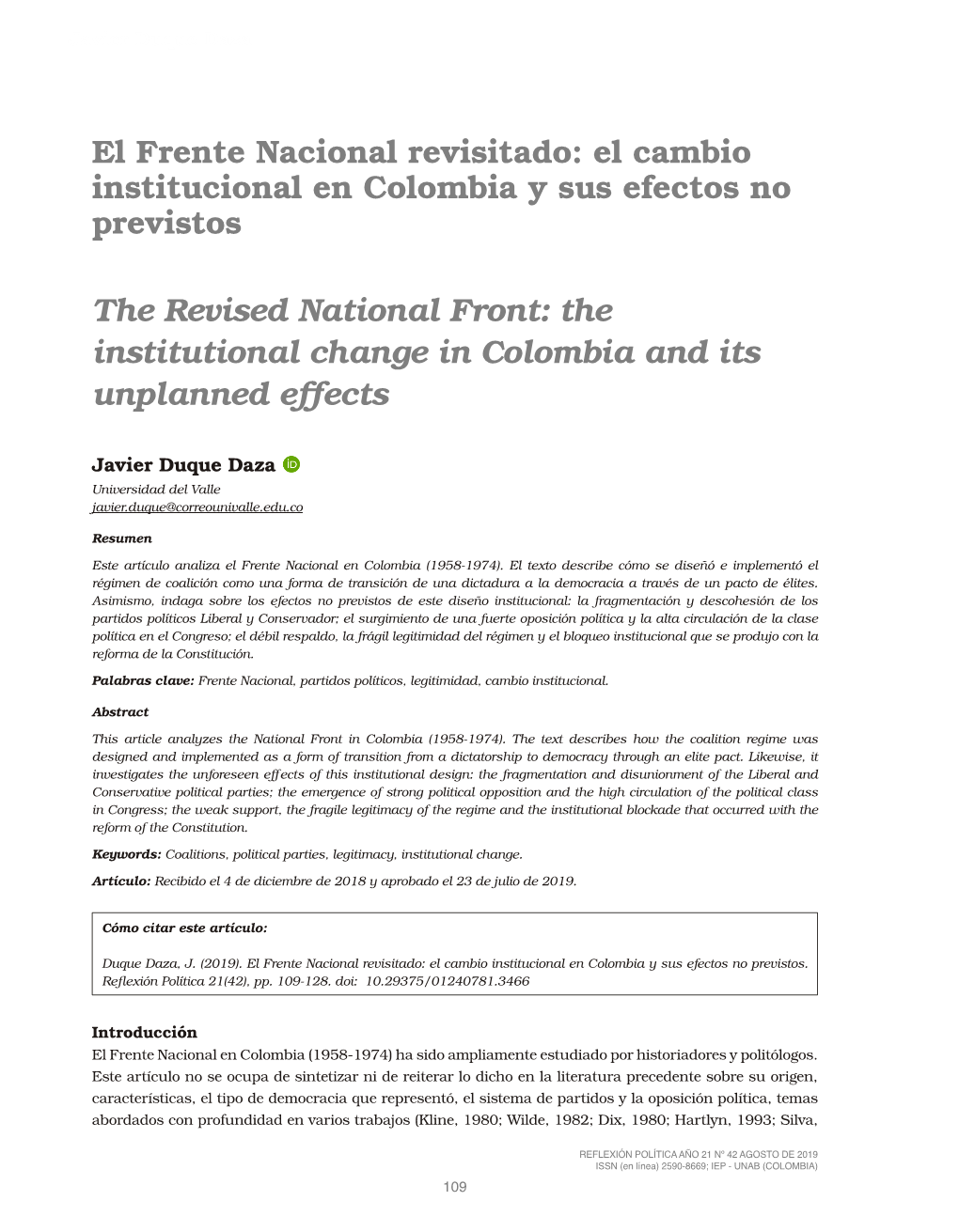 El Frente Nacional Revisitado: El Cambio Institucional En Colombia Y Sus Efectos No Previstos