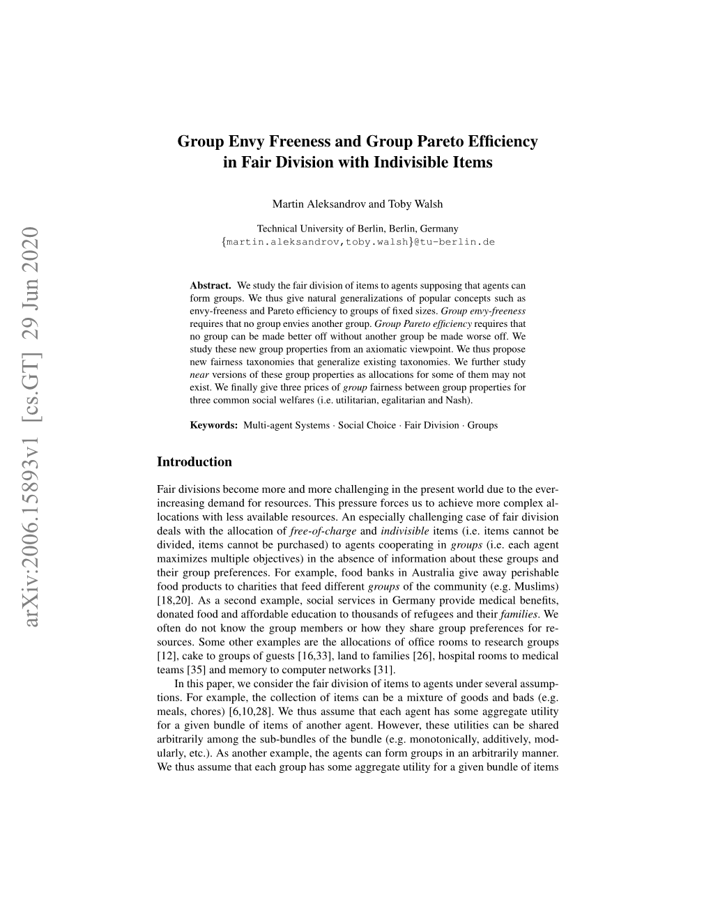 Arxiv:2006.15893V1 [Cs.GT] 29 Jun 2020 El Ihtealcto of Allocation Cha the Especially with an Deals Resources