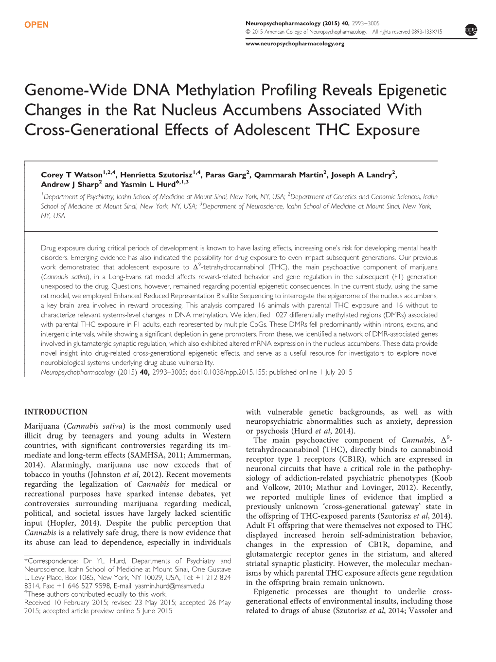 Genome-Wide DNA Methylation Profiling Reveals Epigenetic Changes in the Rat Nucleus Accumbens Associated with Cross-Generational Effects of Adolescent THC Exposure