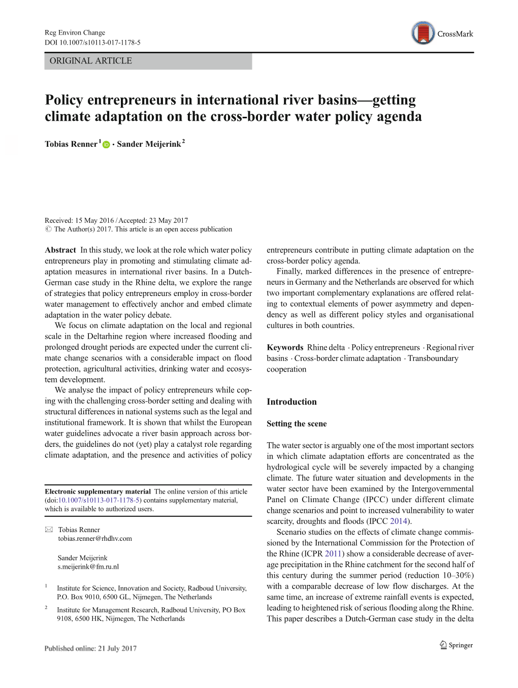 Policy Entrepreneurs in International River Basins—Getting Climate Adaptation on the Cross-Border Water Policy Agenda