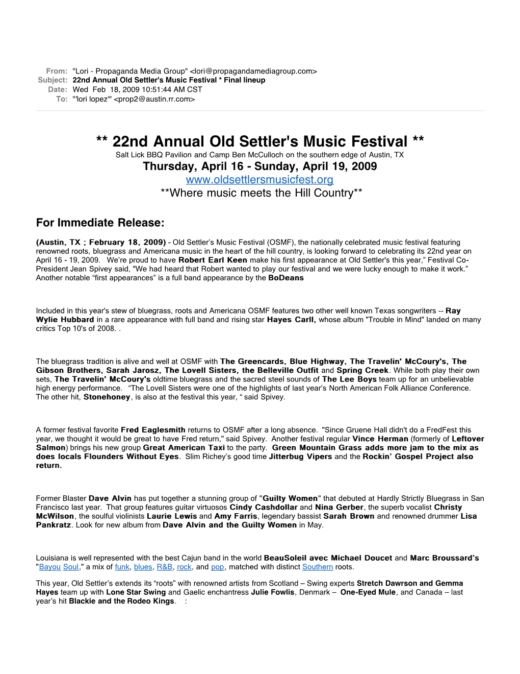 22Nd Annual Old Settler's Music Festival * Final Lineup