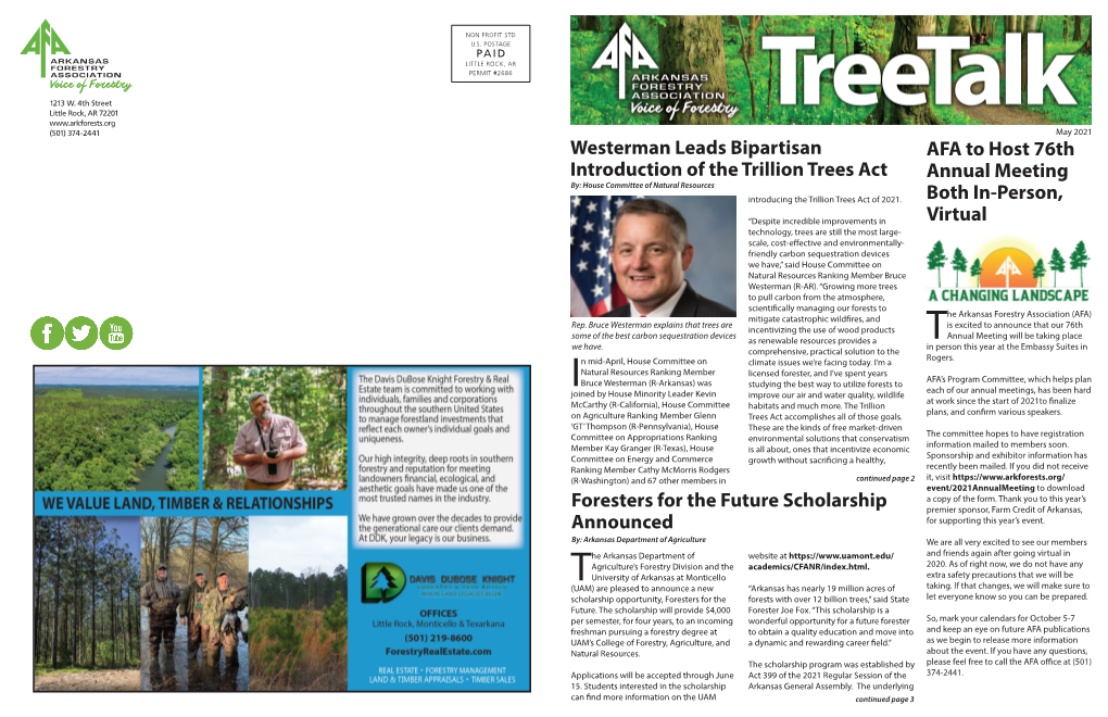 Foresters for the Future Scholarship Announced AFA to Host 76Th Annual Meeting Both In-Person, Virtual Westerman Leads Bipartisa