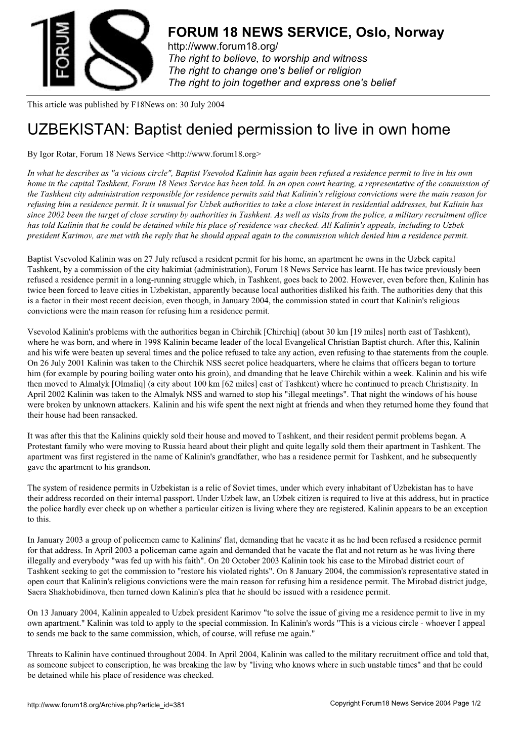UZBEKISTAN: Baptist Denied Permission to Live in Own Home