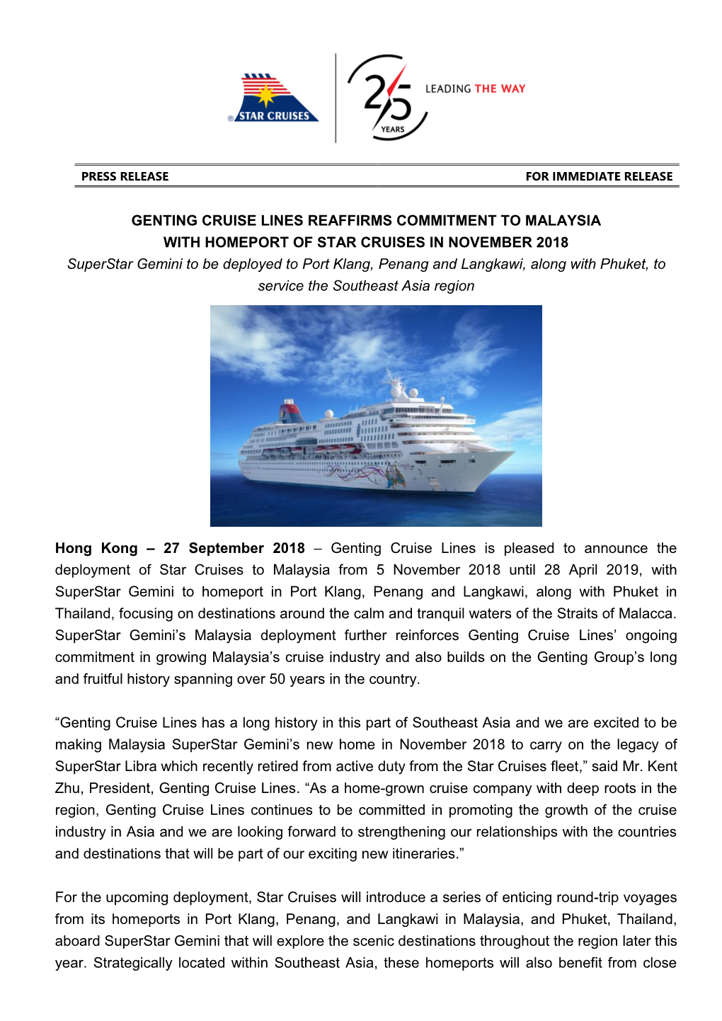 Genting Cruise Lines Reaffirms Commitment To