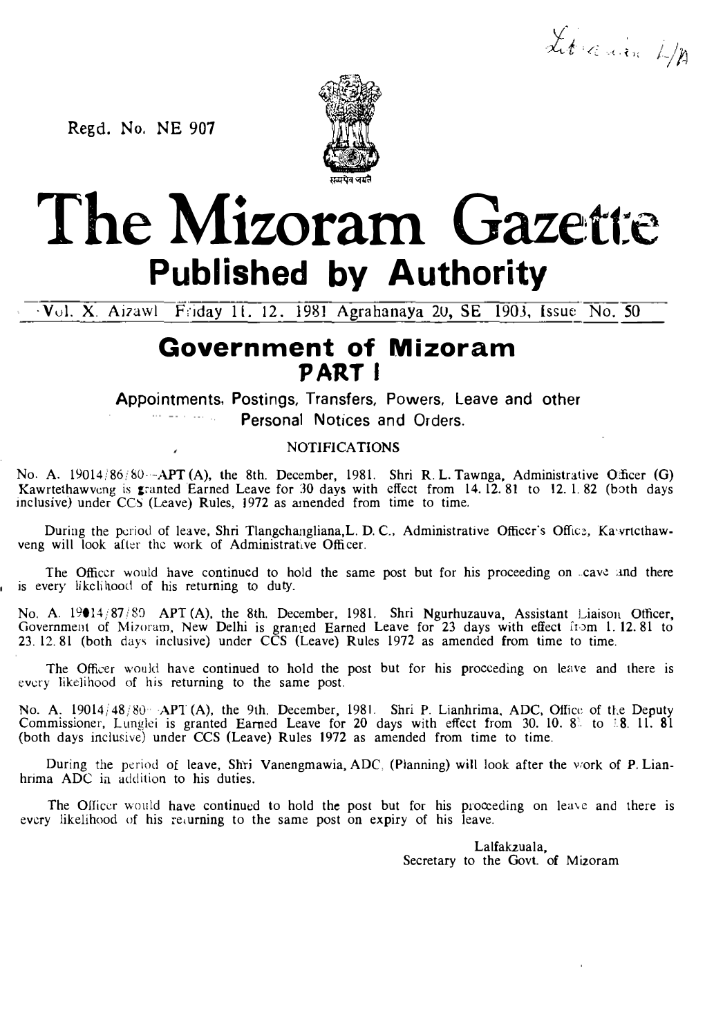 The Mizoram Gazette Published by Authority