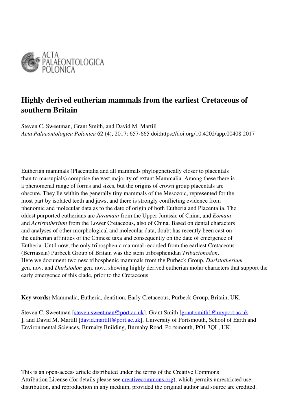 Highly Derived Eutherian Mammals from the Earliest Cretaceous of Southern Britain