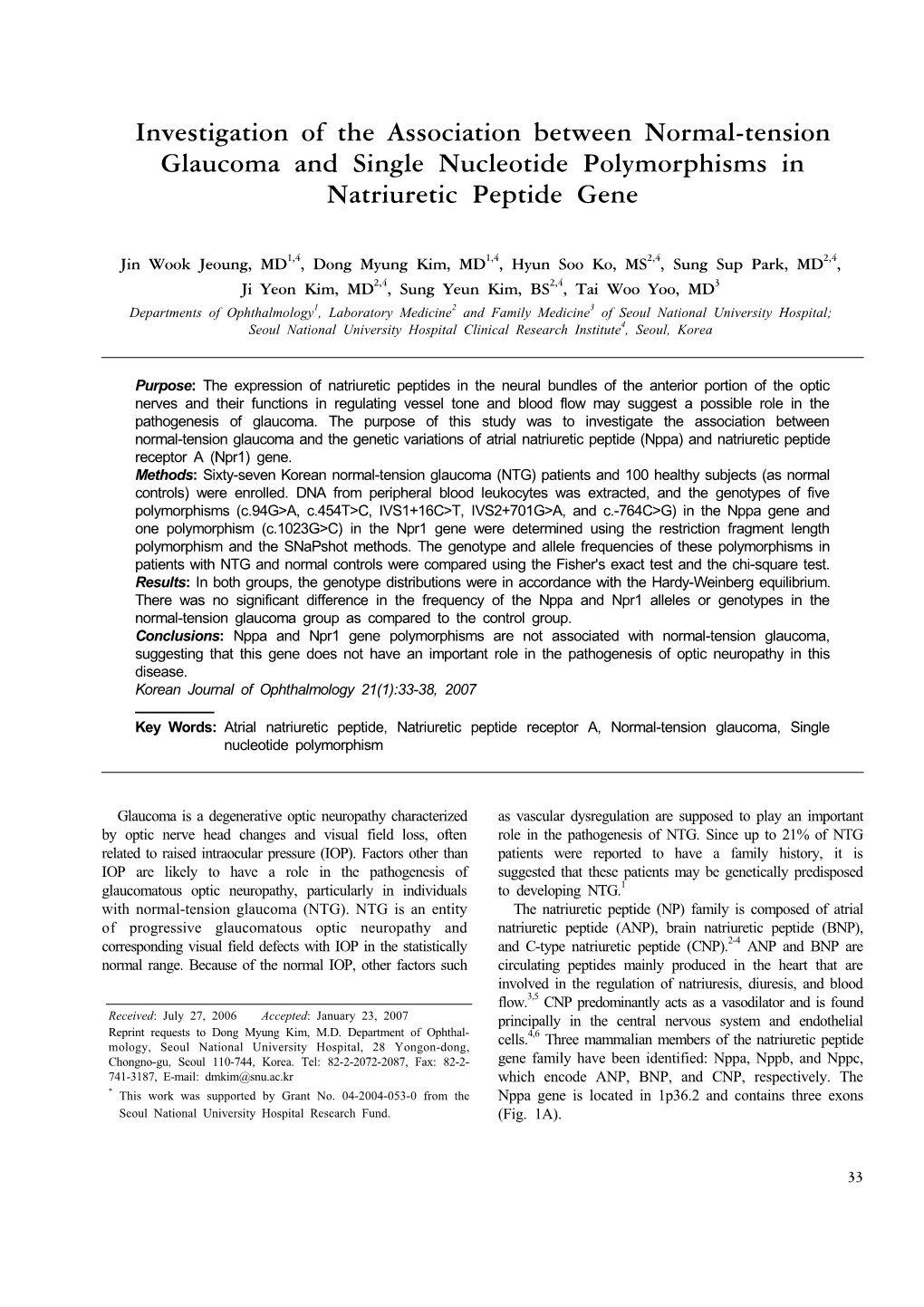 Investigation of the Association Between Normal-Tension Glaucoma and Single Nucleotide Polymorphisms in Natriuretic Peptide Gene