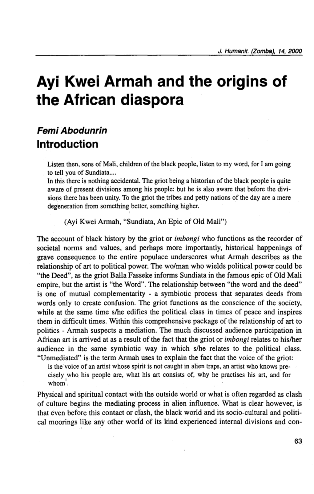 Ayi Kwei Armah and the Origins of the African Diaspora