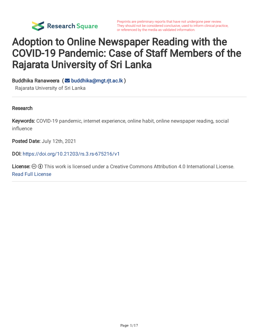 Adoption to Online Newspaper Reading with the COVID-19 Pandemic: Case of Staff Members of the Rajarata University of Sri Lanka