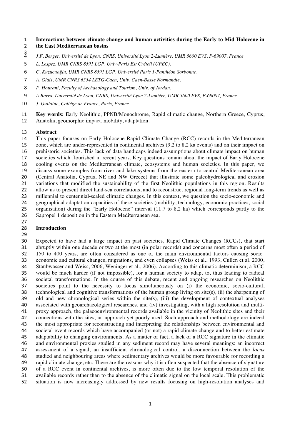 1 Interactions Between Climate Change and Human Activities During the Early to Mid Holocene in 2 the East Mediterranean Basins 3 4 J.F