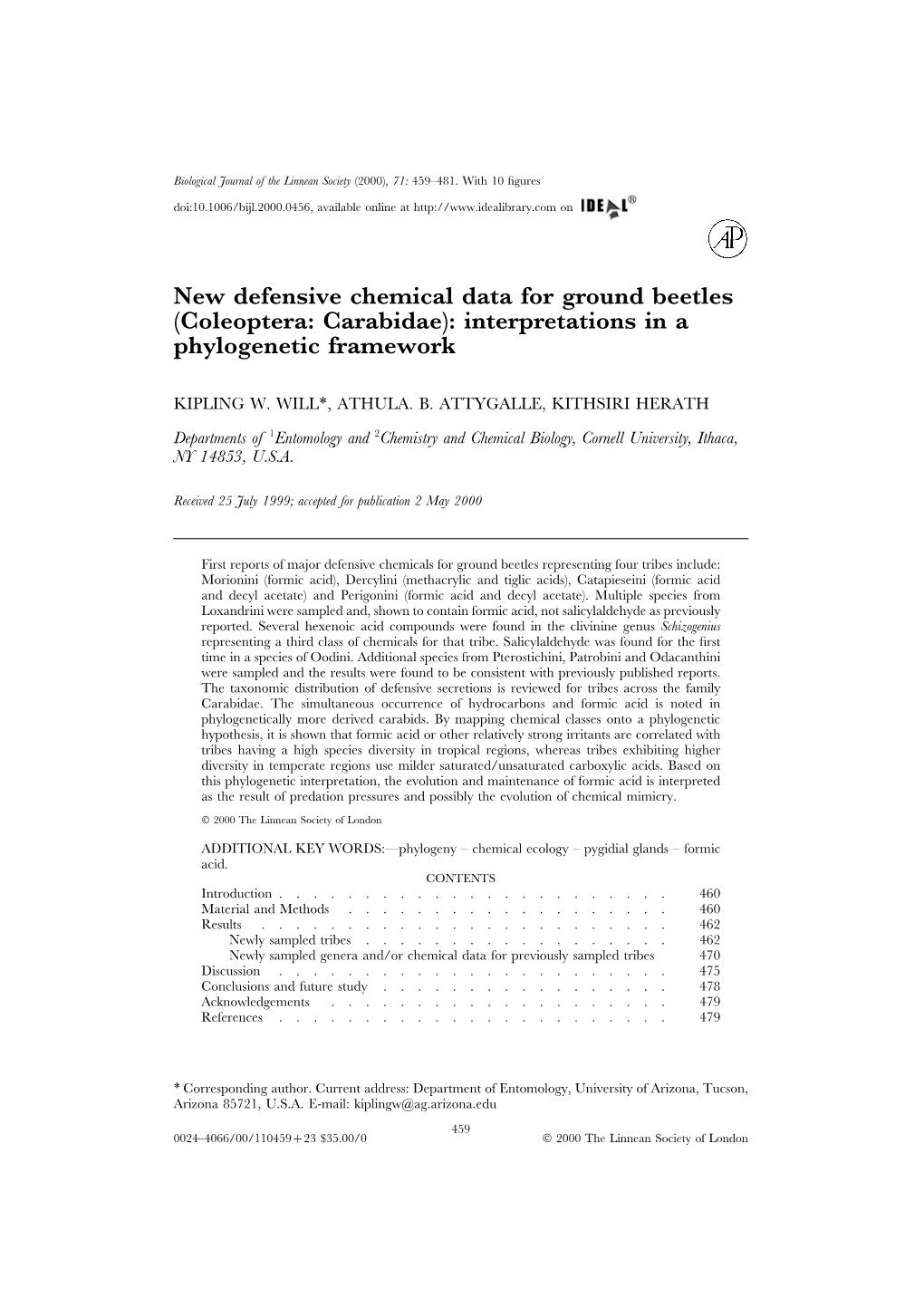 New Defensive Chemical Data for Ground Beetles (Coleoptera: Carabidae): Interpretations in a Phylogenetic Framework