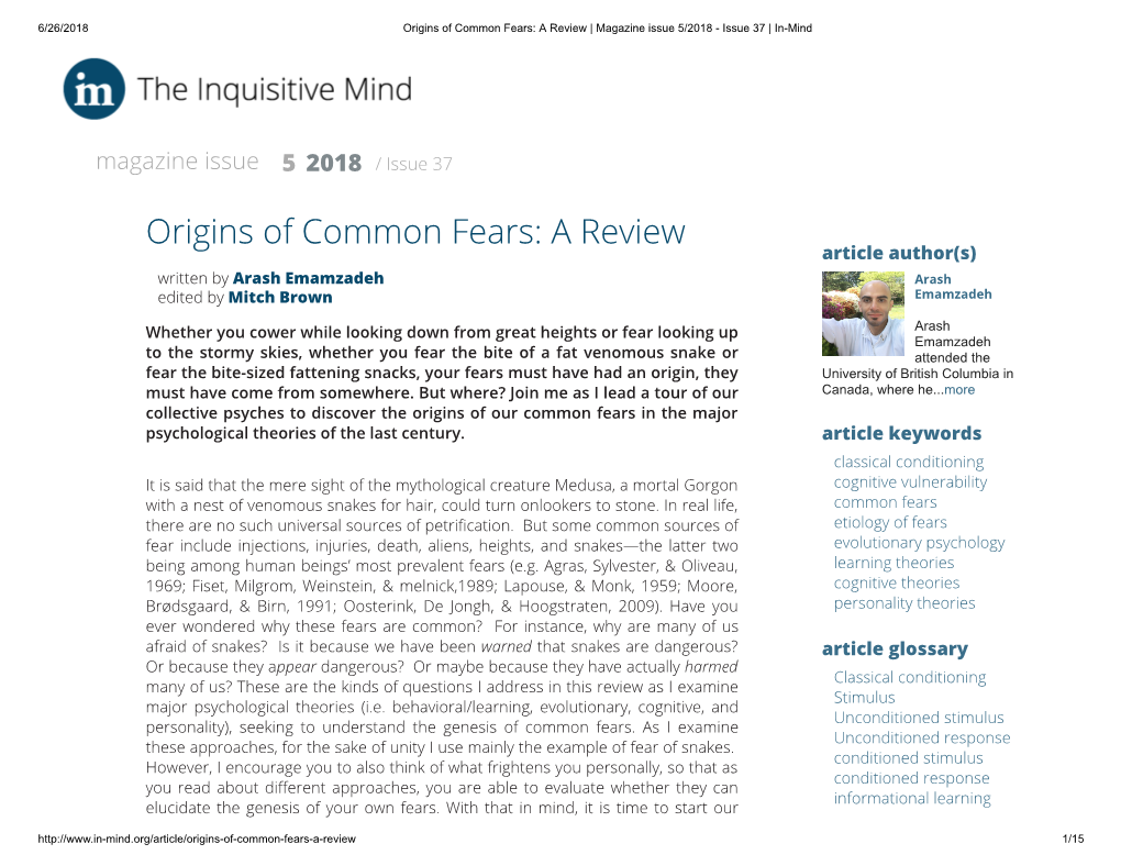 Origins of Common Fears: a Review | Magazine Issue 5/2018 - Issue 37 | In-Mind