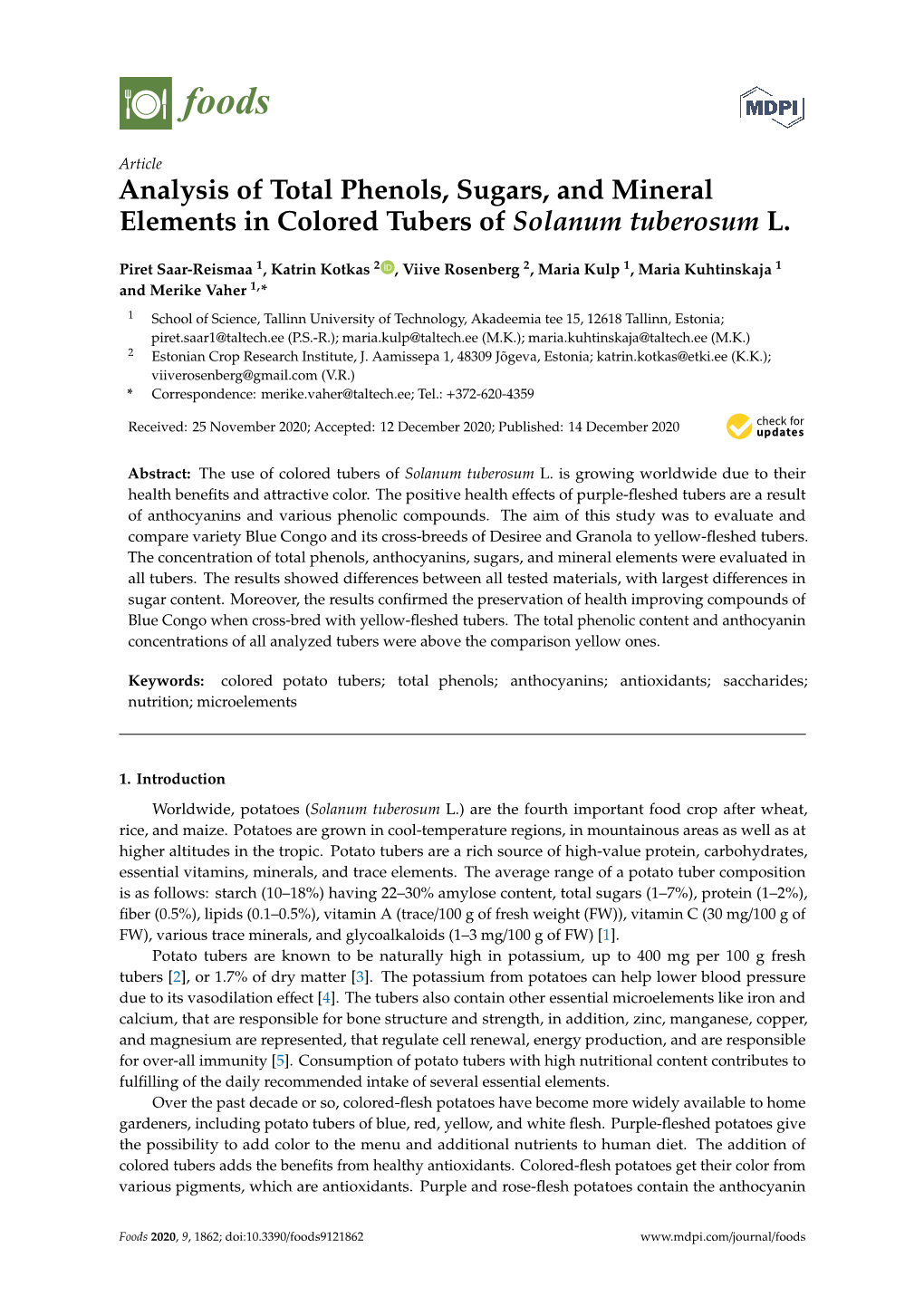 Analysis of Total Phenols, Sugars, and Mineral Elements in Colored Tubers of Solanum Tuberosum L