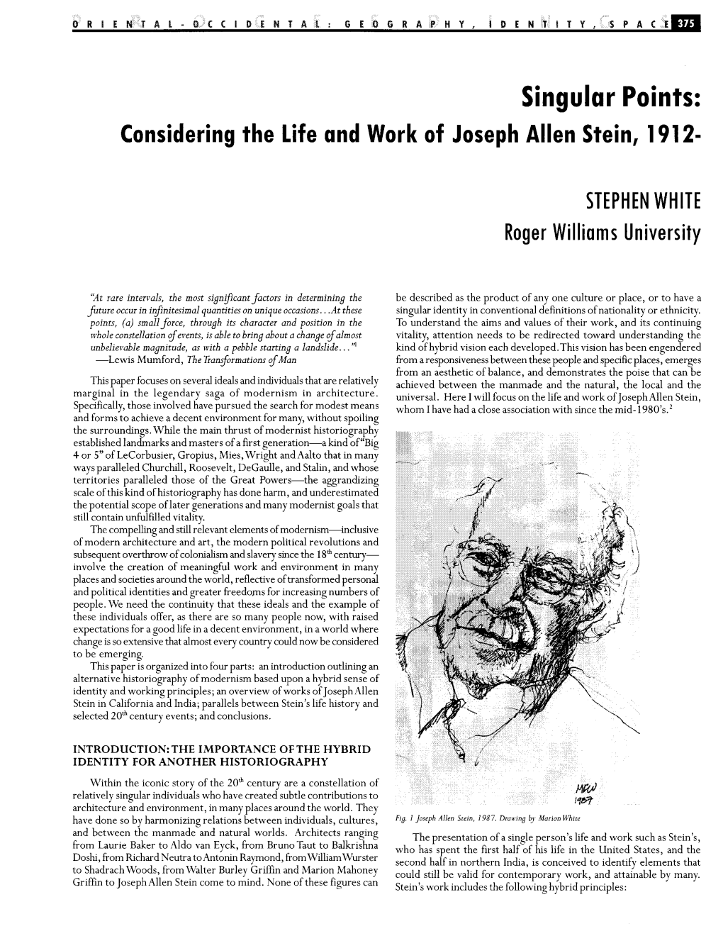 Singular Points: Considering the Life and Work of Joseph Allen Stein, 191 2