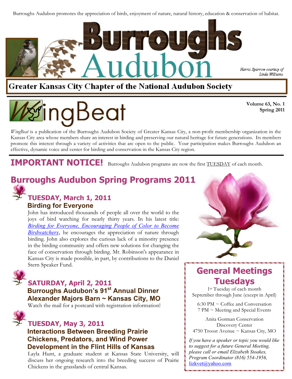 General Meetings Tuesdays Burroughs Audubon Spring