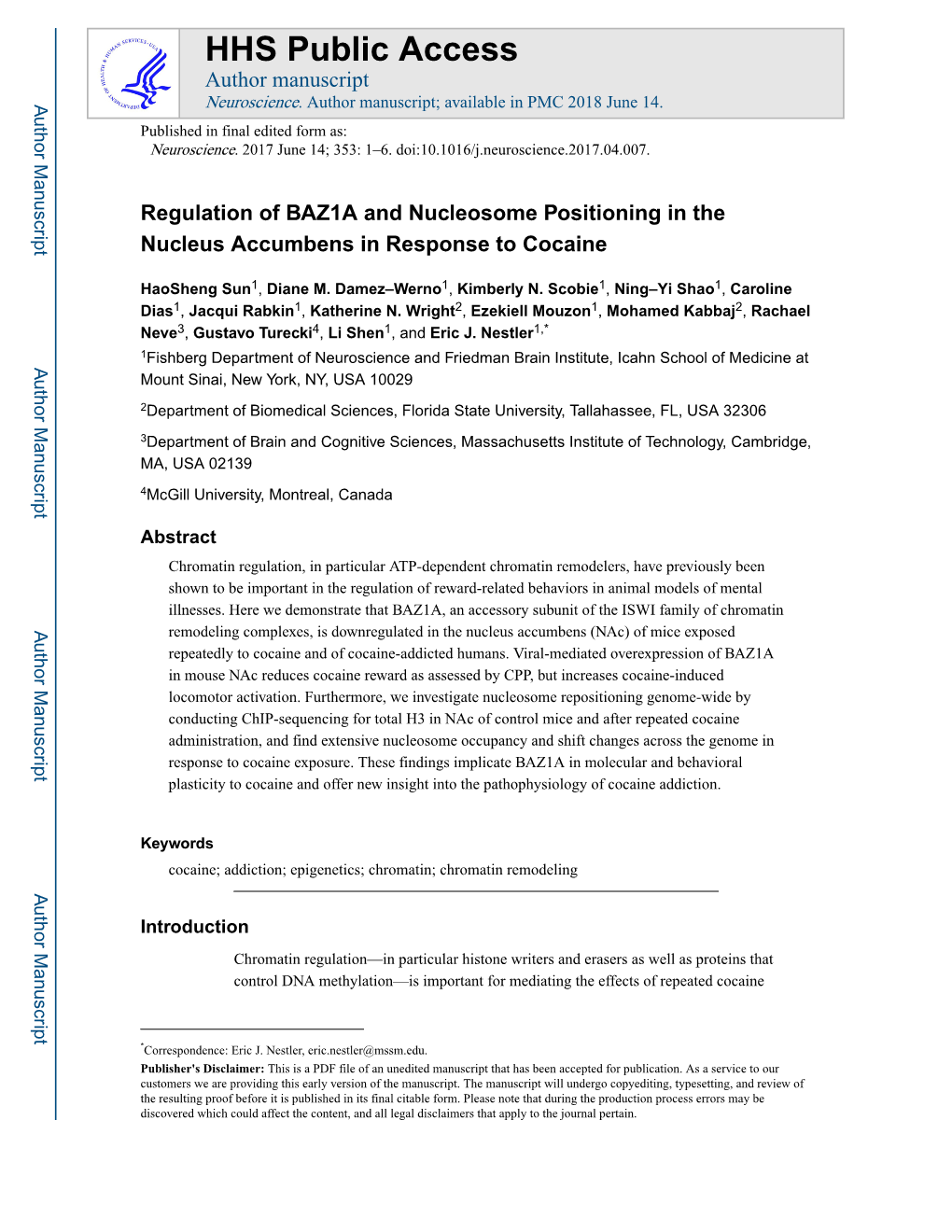 Regulation of BAZ1A and Nucleosome Positioning in the Nucleus Accumbens in Response to Cocaine