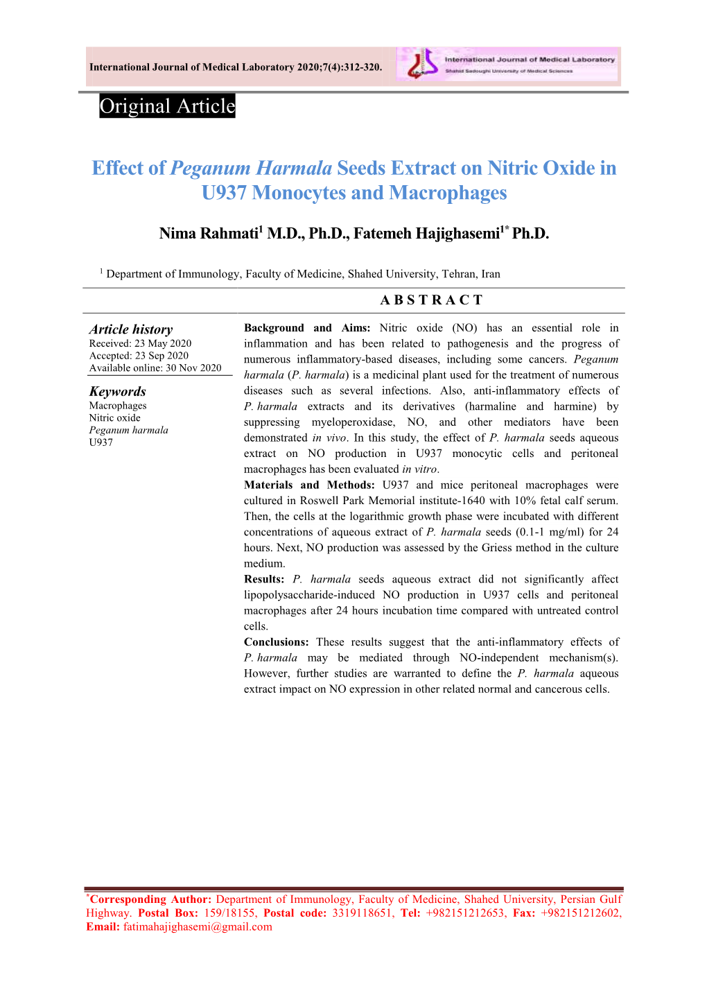 Effect of Peganum Harmala Seeds Extract on Nitric Oxide in U937 Monocytes and Macrophages