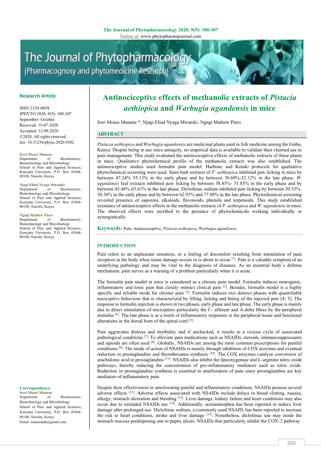 Antinociceptive Effects of Methanolic Extracts of Pistacia Aethiopica and Warbugia Ugandensis in Mice