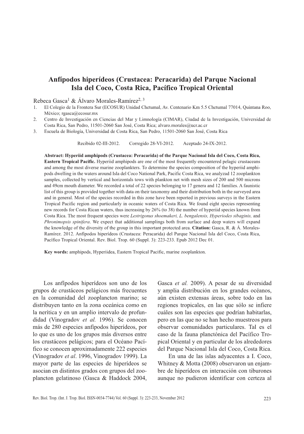 Anfípodos Hiperídeos (Crustacea: Peracarida) Del Parque Nacional Isla Del Coco, Costa Rica, Pacífico Tropical Oriental