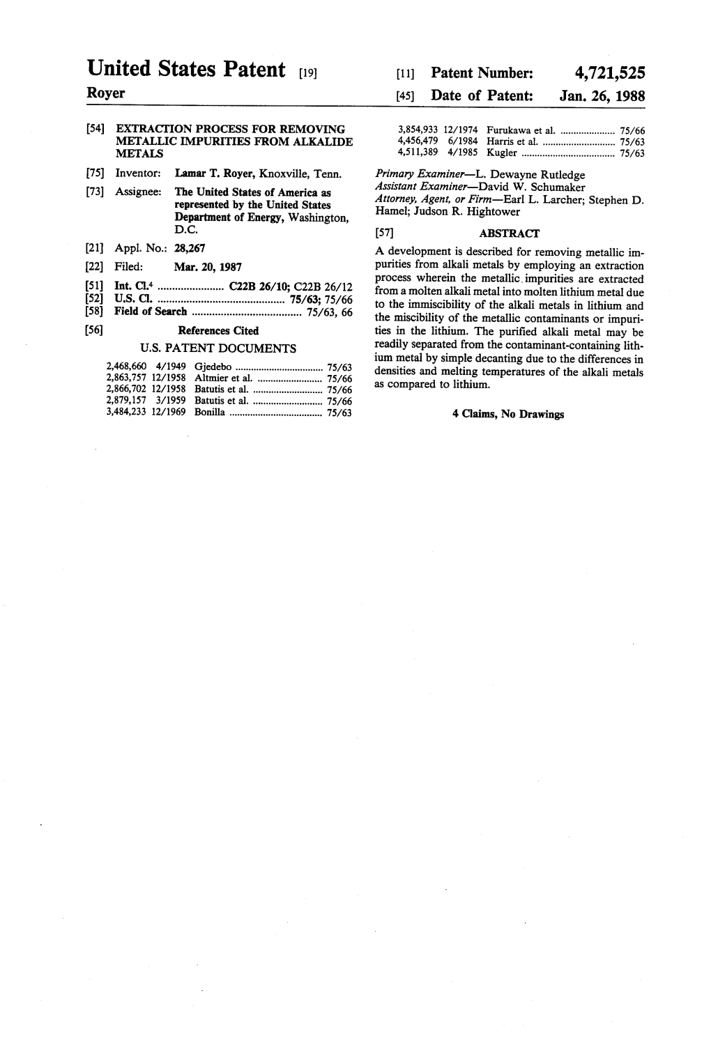 United States Patent (19) 11 Patent Number: 4,721,525 Royer (45) Date of Patent: Jan