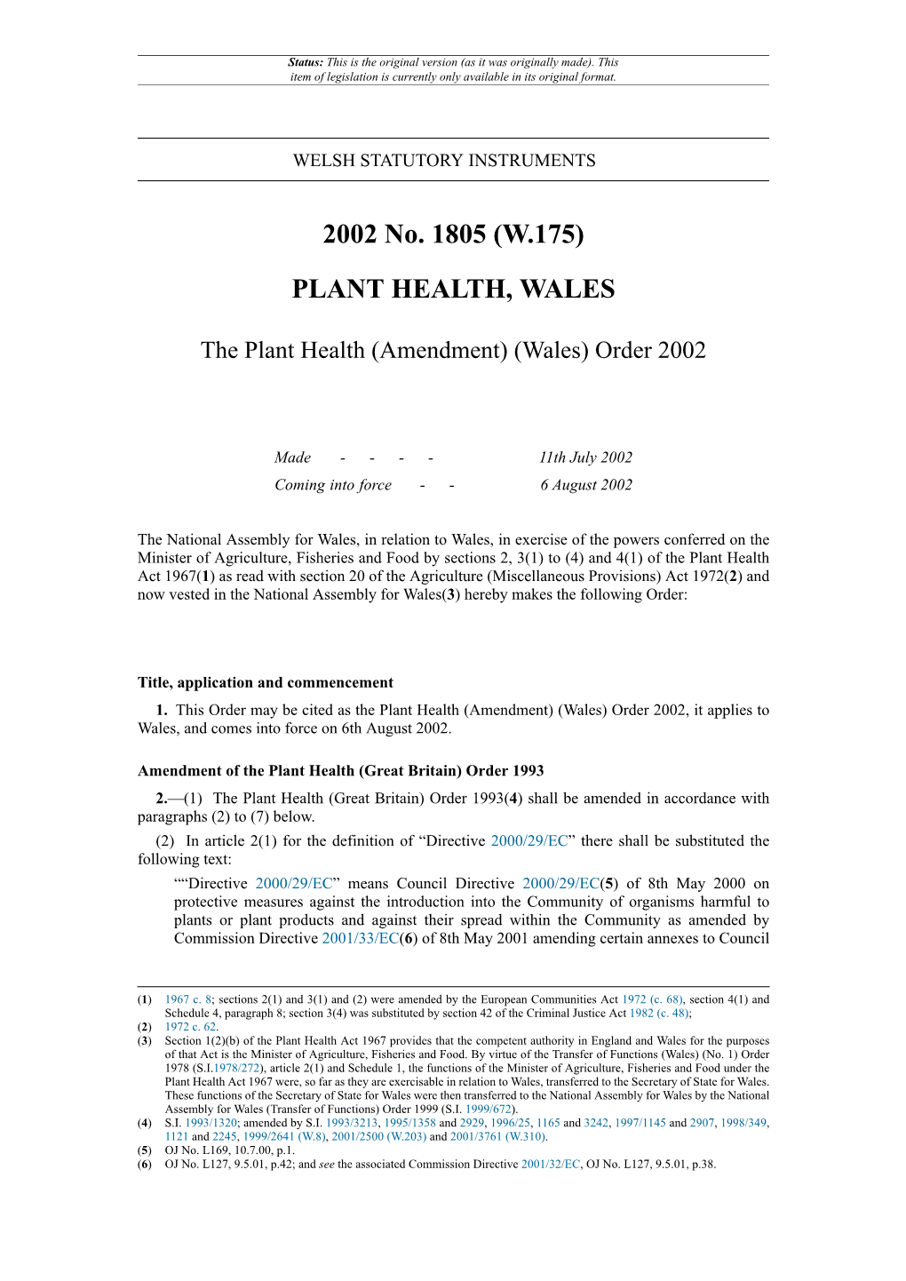The Plant Health (Amendment) (Wales) Order 2002