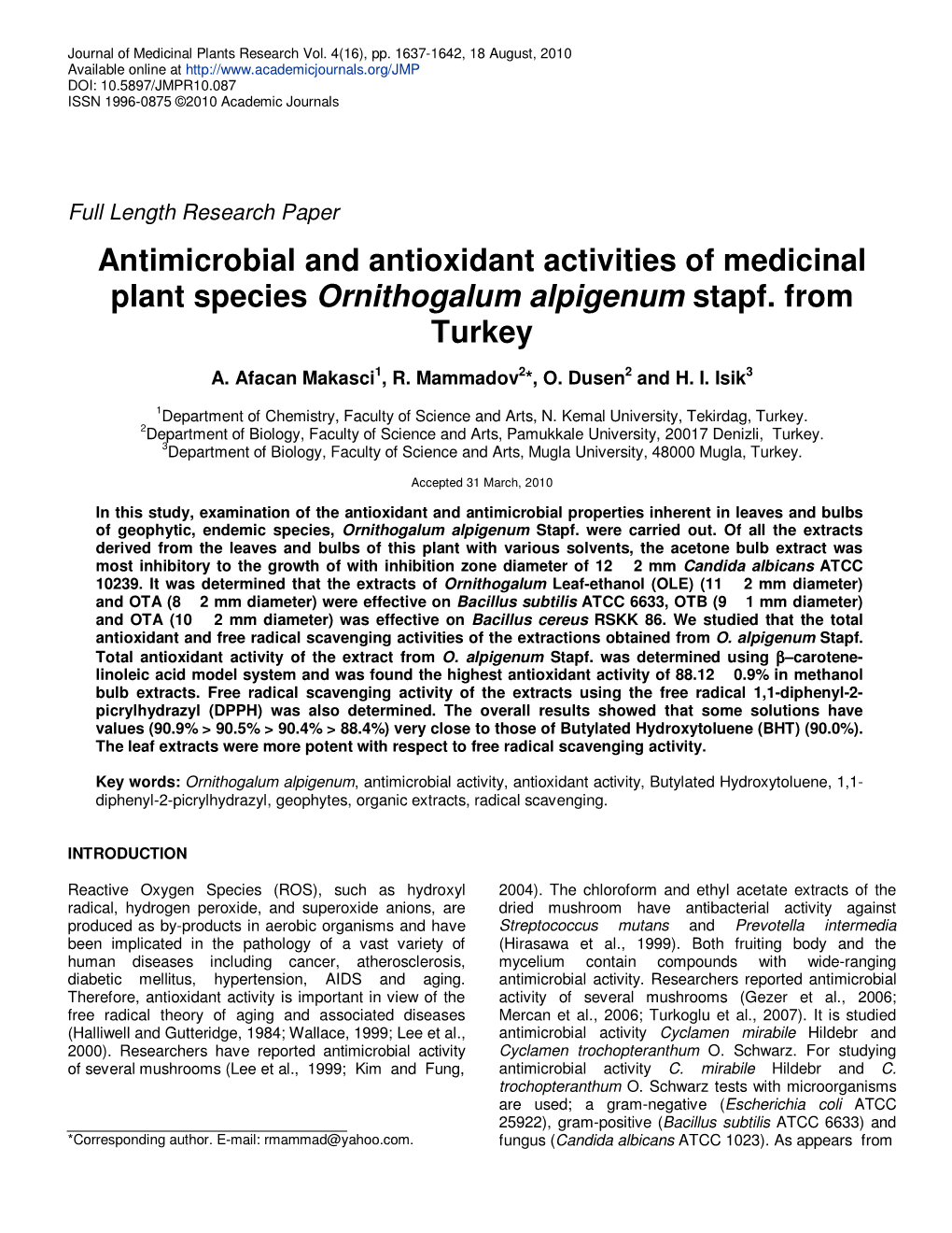 Antimicrobial and Antioxidant Activities of Medicinal Plant Species Ornithogalum Alpigenum Stapf
