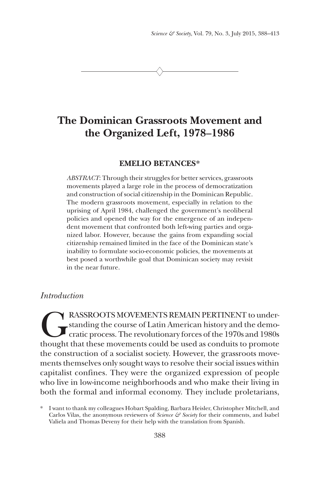 The Dominican Grassroots Movement and the Organized Left, 1978–1986