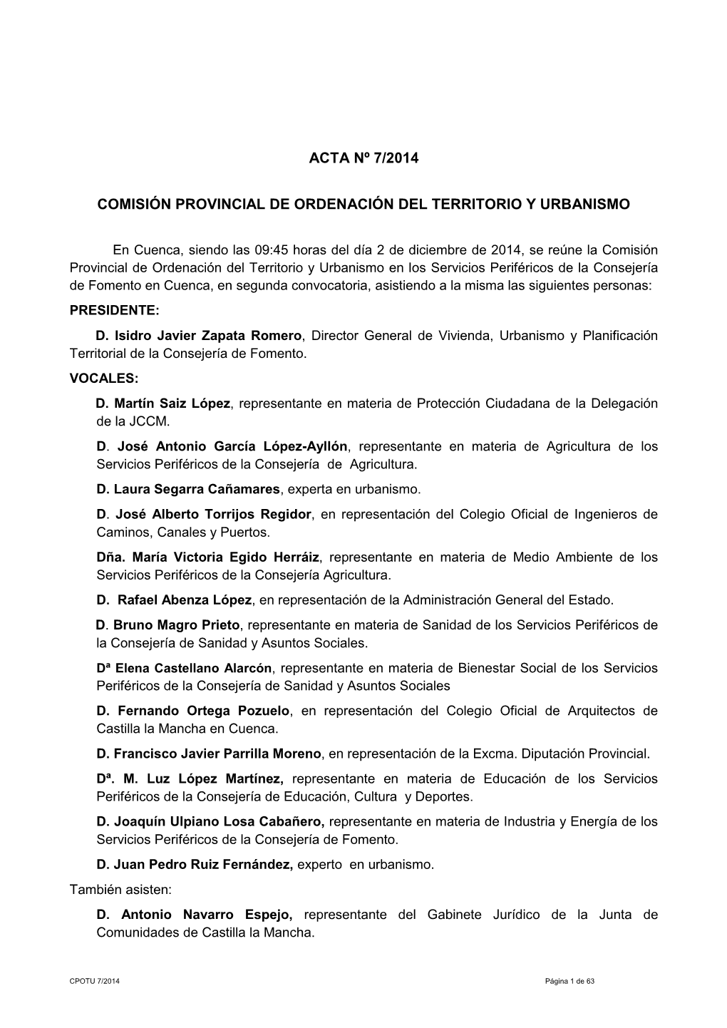 Acta Nº 7/2014 Comisión Provincial De Ordenación Del Territorio Y Urbanismo