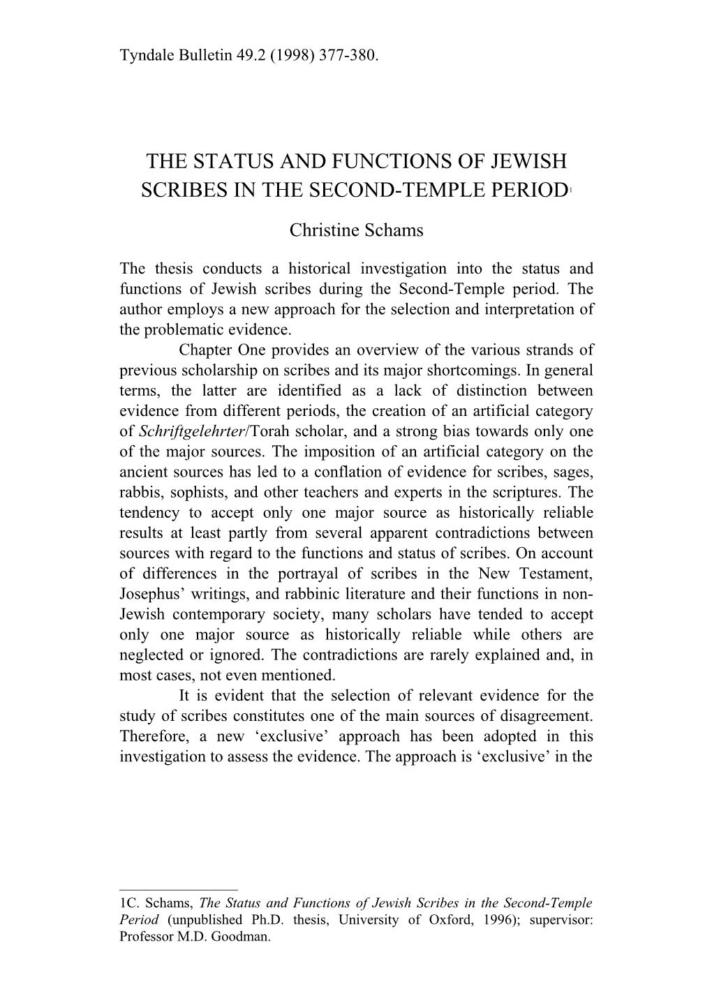 The Status and Functions of Jewish Scribes in the Second-Temple Period