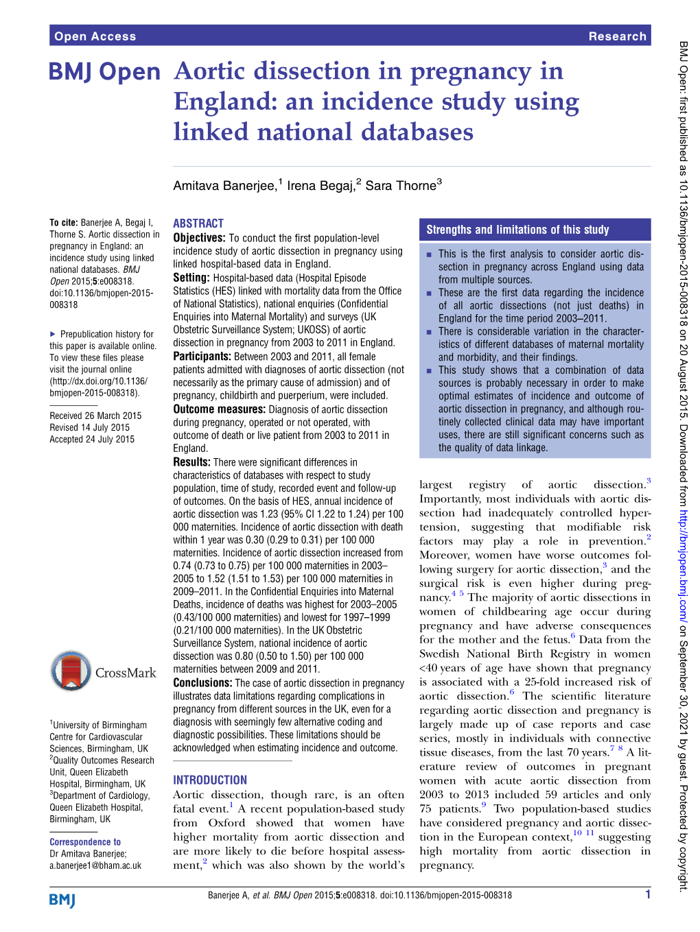 Aortic Dissection in Pregnancy in England: an Incidence Study Using Linked National Databases