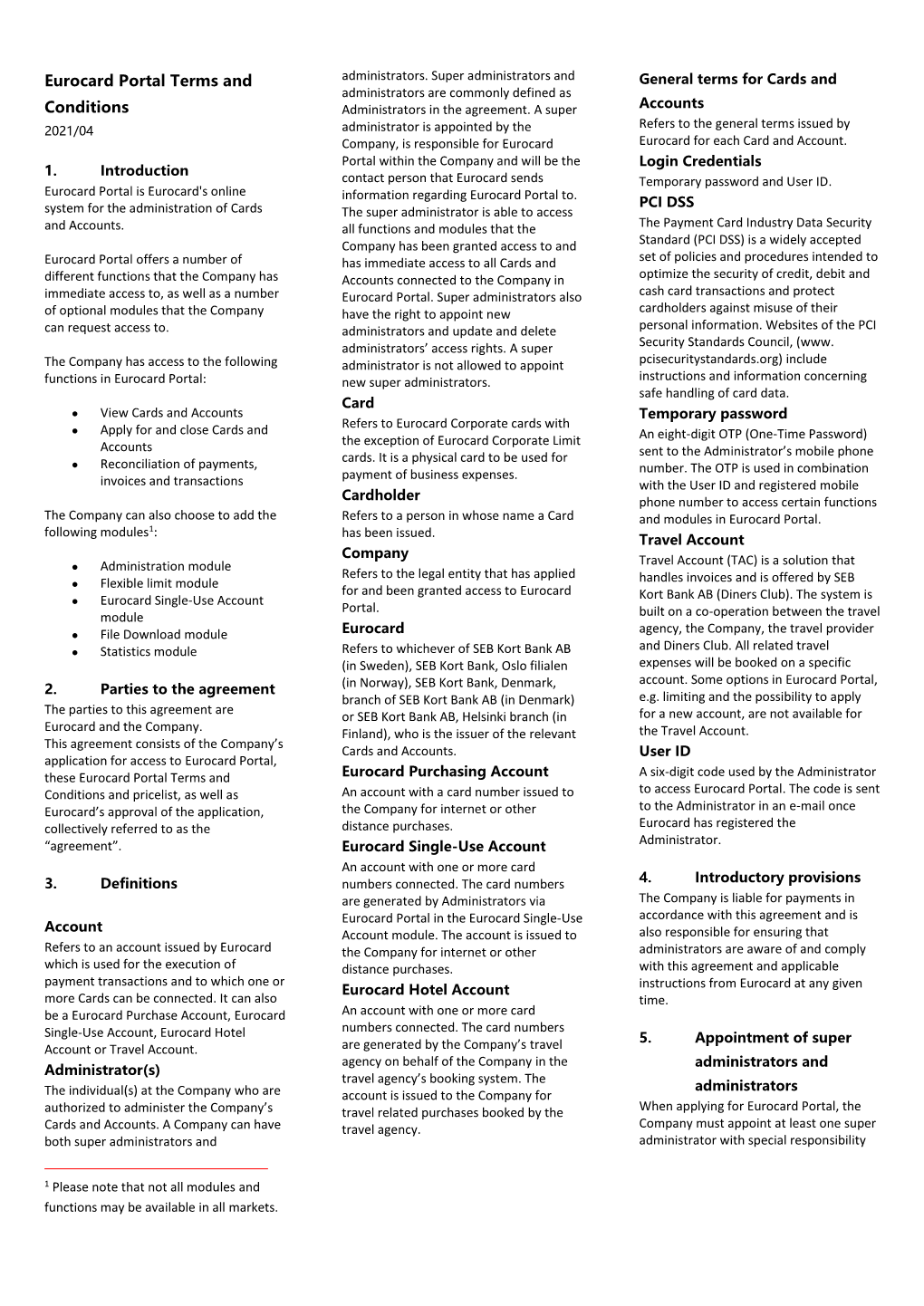 Eurocard Portal Terms and Administrators