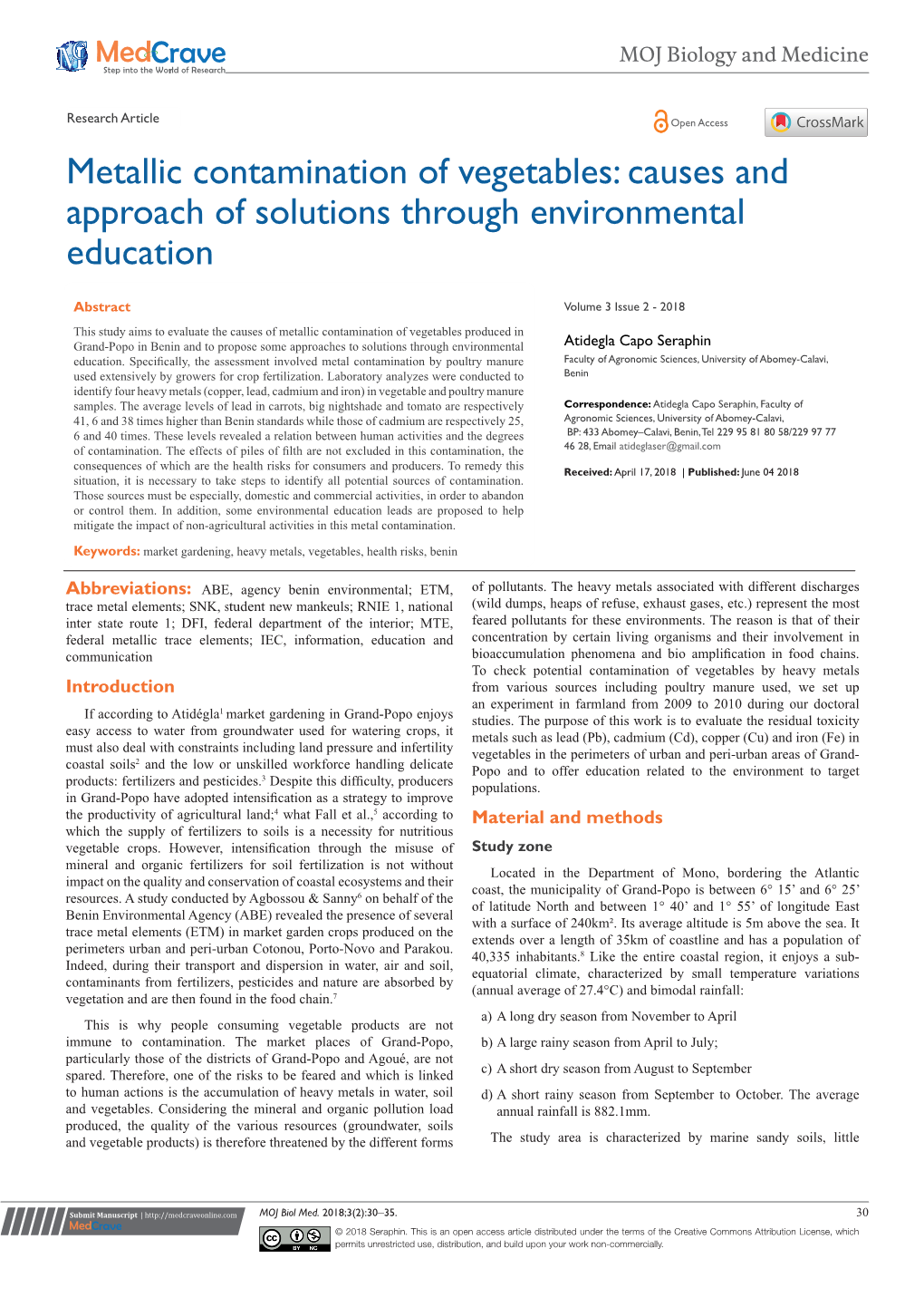 Metallic Contamination of Vegetables: Causes and Approach of Solutions Through Environmental Education