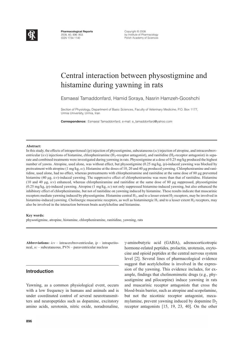 Central Interaction Between Physostigmine and Histamine During Yawning in Rats