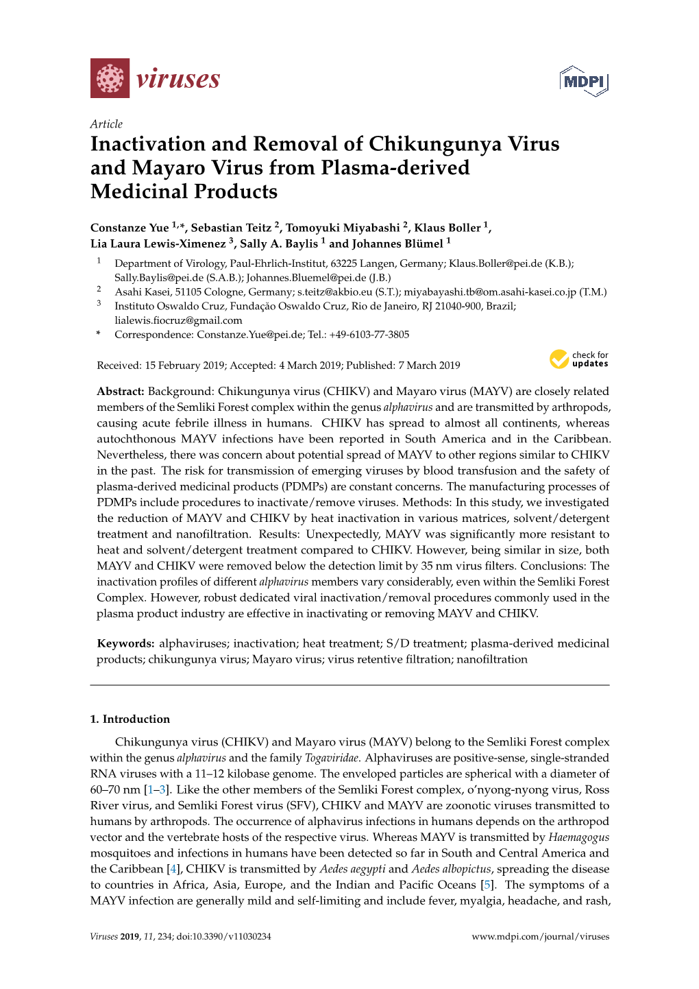 Inactivation and Removal of Chikungunya Virus and Mayaro Virus from Plasma-Derived Medicinal Products