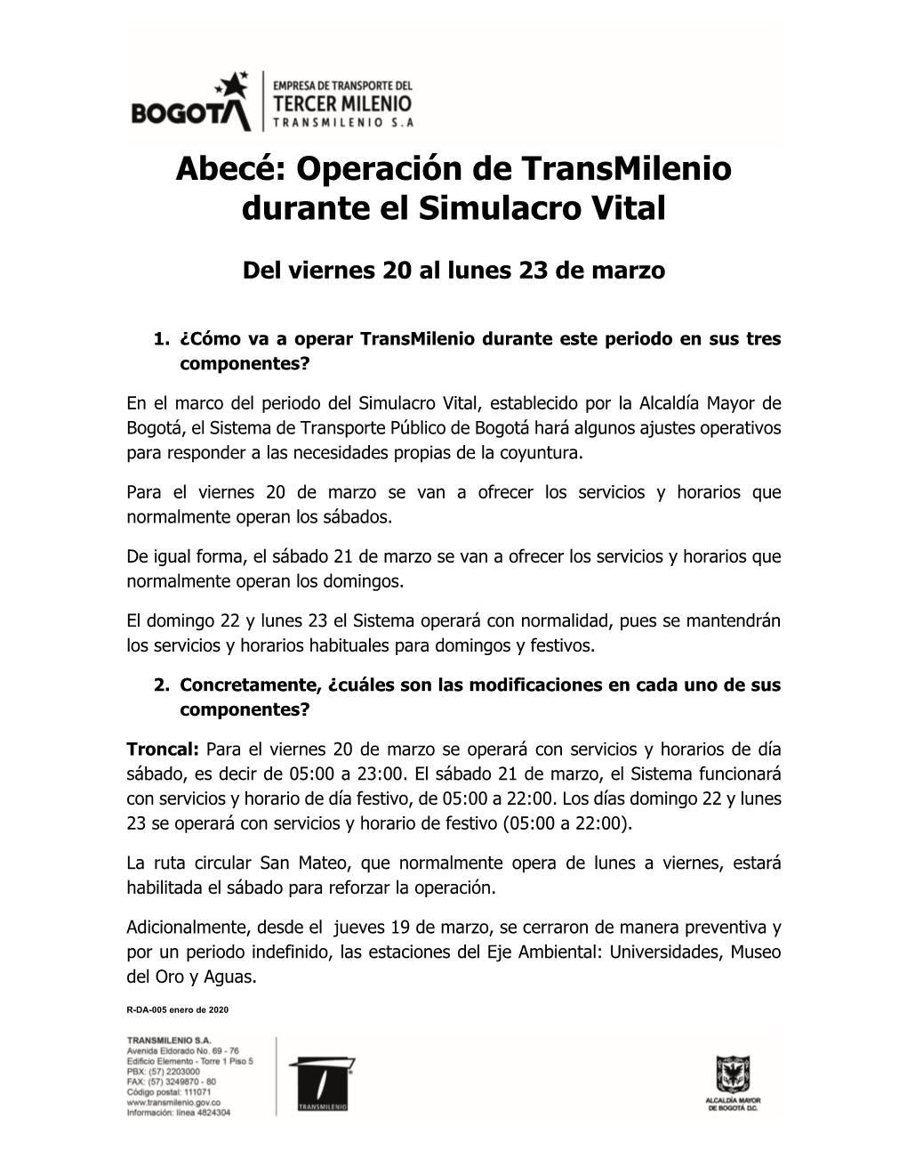 Abecé: Operación De Transmilenio Durante El Simulacro Vital
