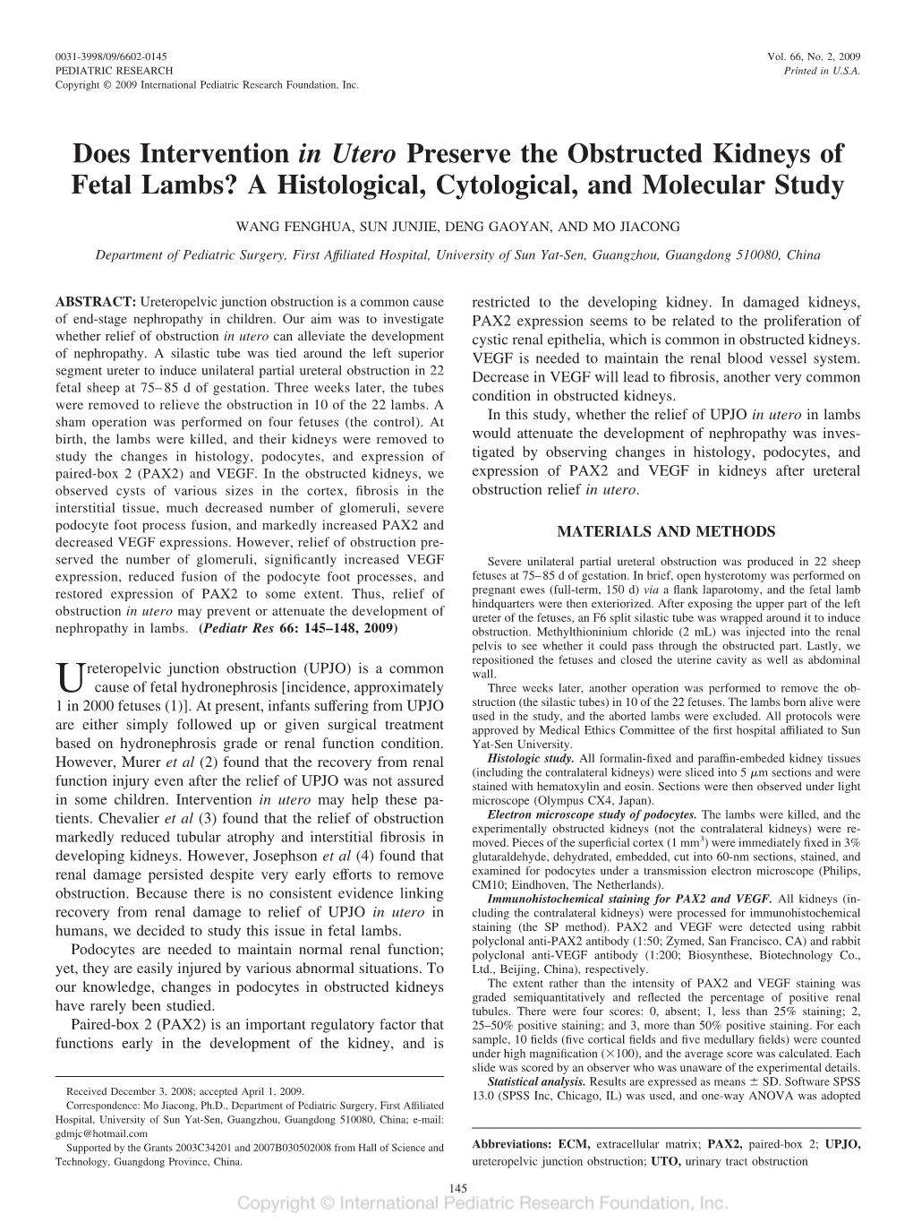 Does Intervention in Utero Preserve the Obstructed Kidneys of Fetal Lambs? a Histological, Cytological, and Molecular Study