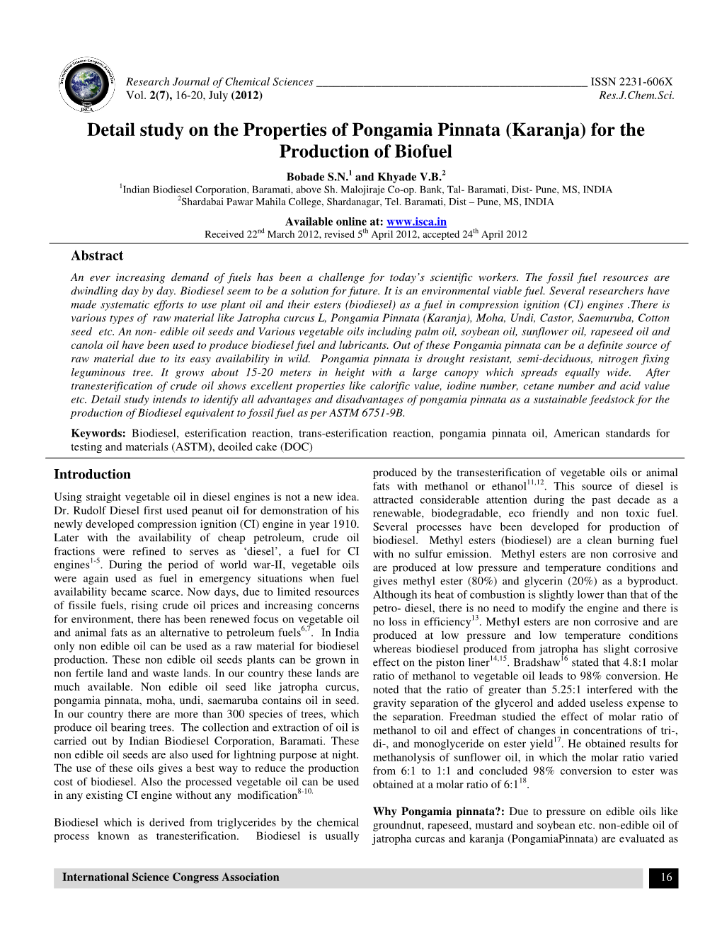 Detail Study on the Properties of Pongamia Pinnata (Karanja) for the Production of Biofuel