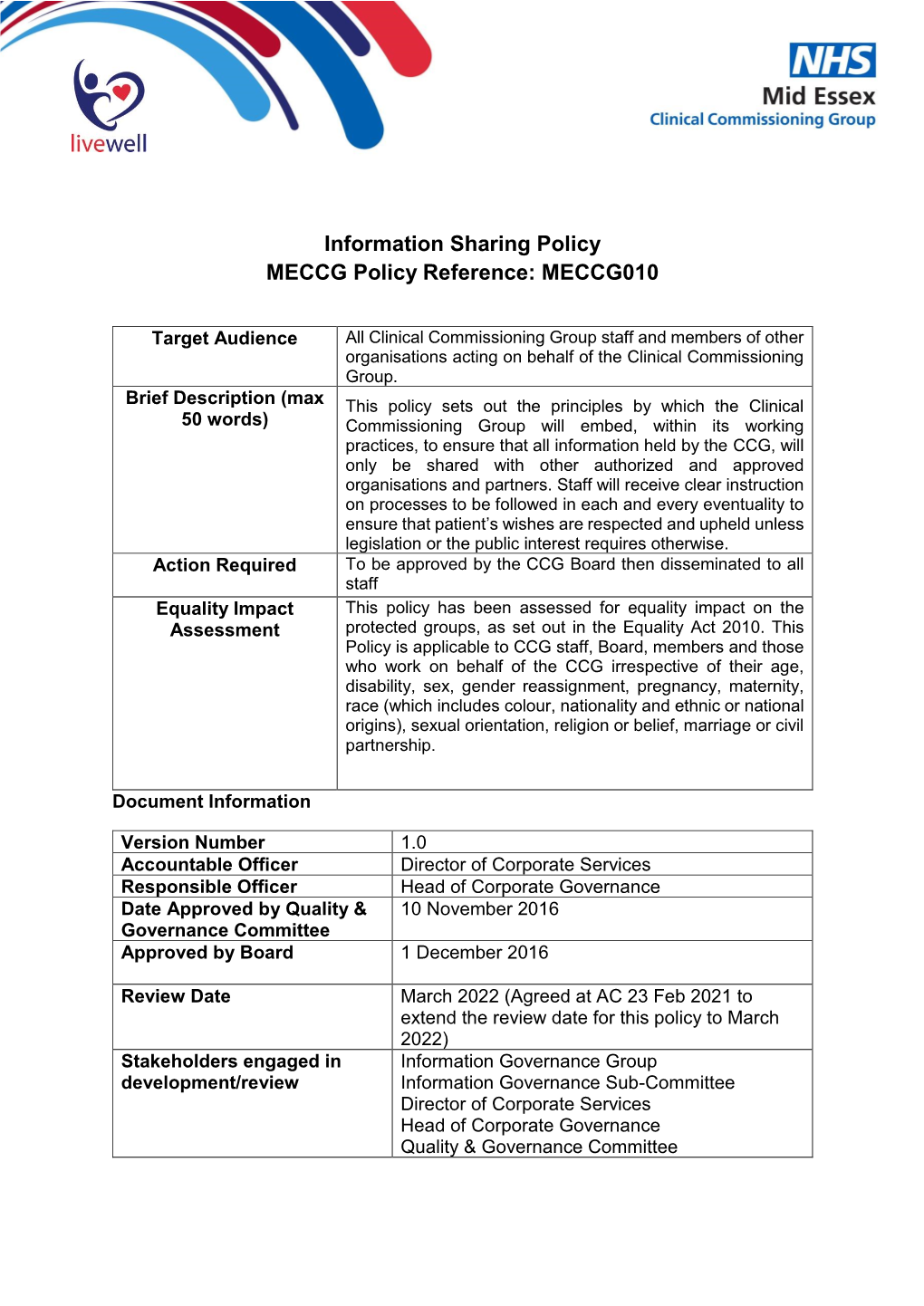 Information Sharing Policy MECCG Policy Reference: MECCG010