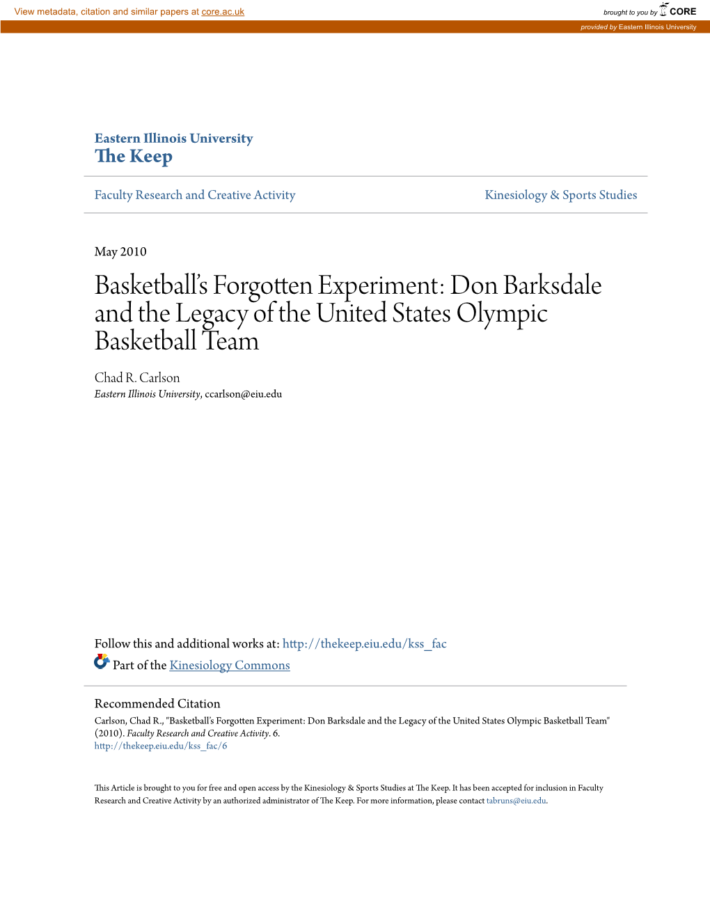 Don Barksdale and the Legacy of the United States Olympic Basketball Team Chad R