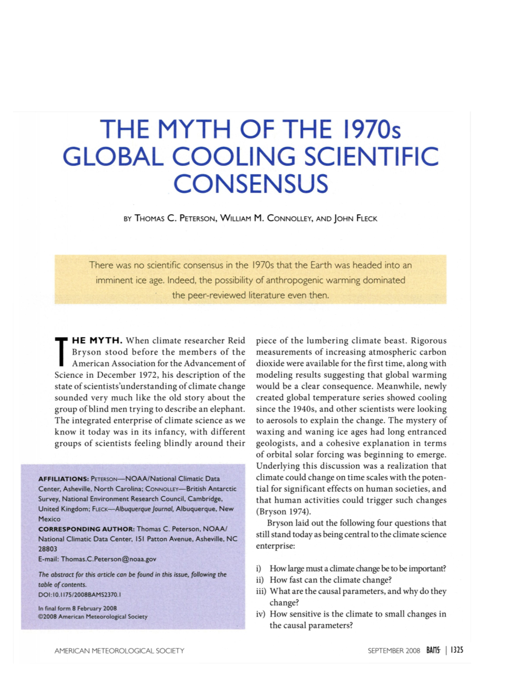 THE MYTH of the 1970S GLOBAL COOLING SCIENTIFIC CONSENSUS