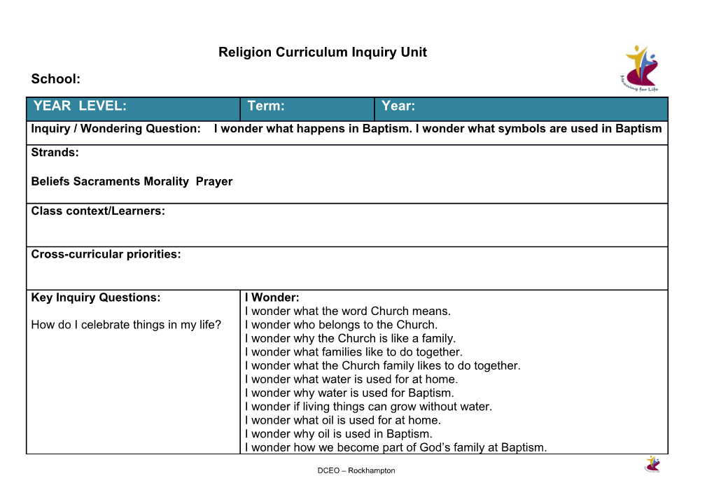 Religion Curriculum Inquiry Unit s2