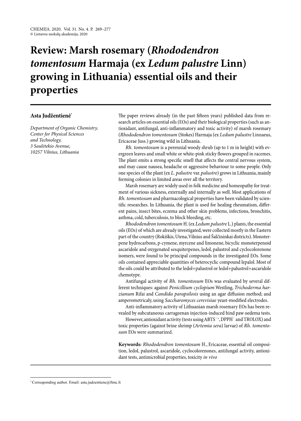 (Rhododendron Tomentosum Harmaja (Ex Ledum Palustre Linn) Growing in Lithuania) Essential Oils and Their Properties