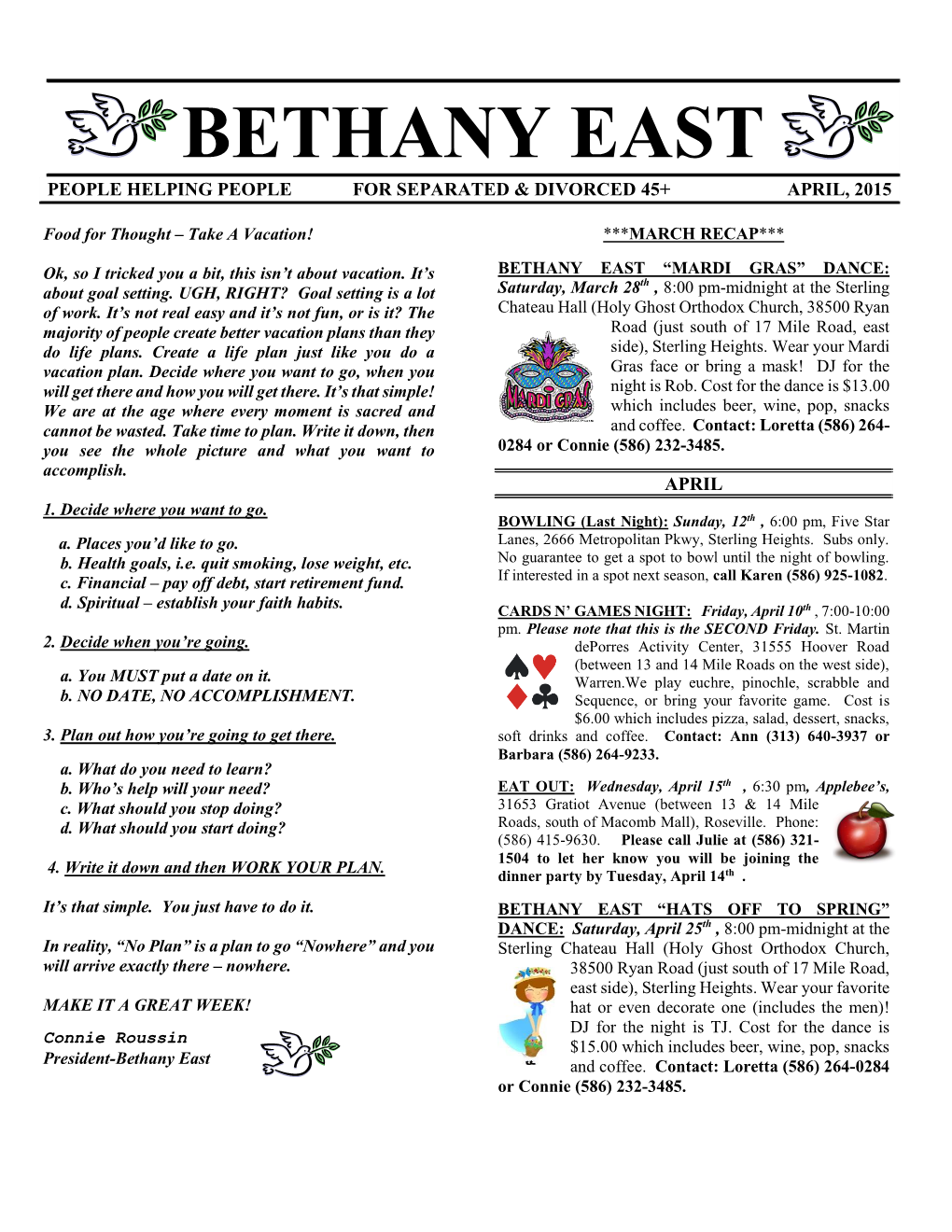 Bethany East People Helping People for Separated & Divorced 45+ April, 2015